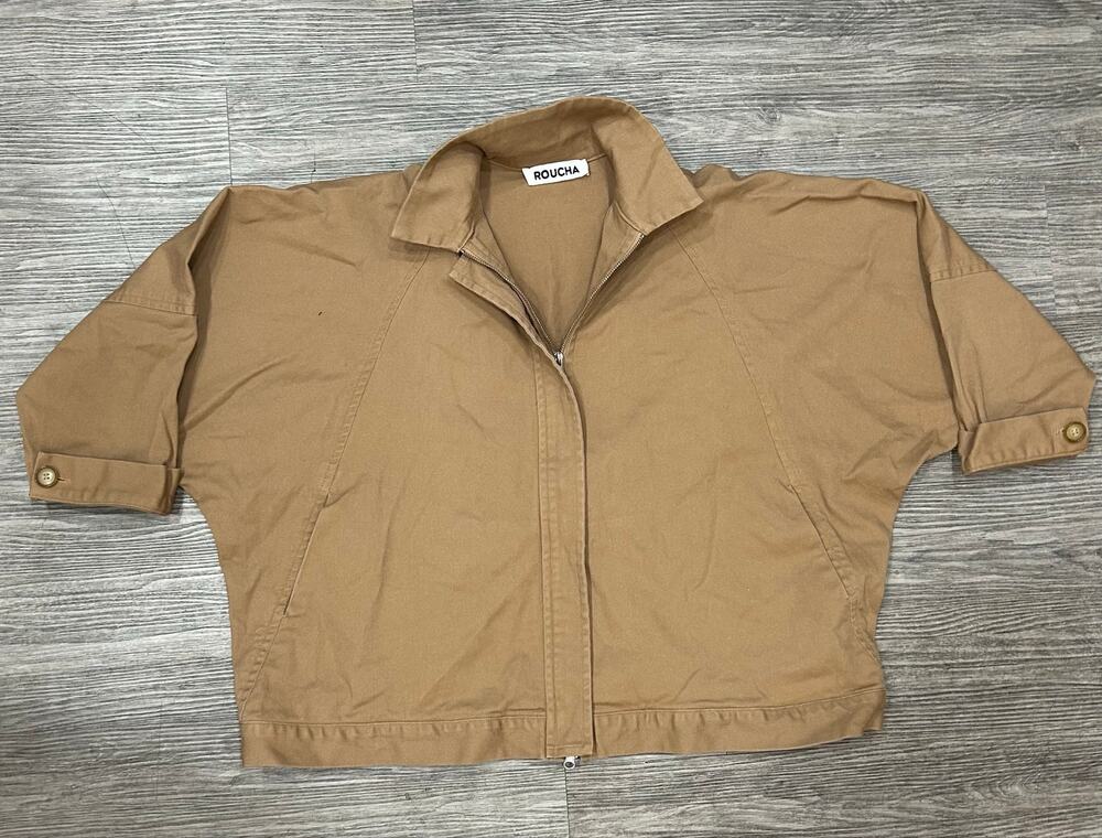 Roucha Camel Brown Cotton Canvas Zip Front Cropped Utility Jacket Coat Sz Small